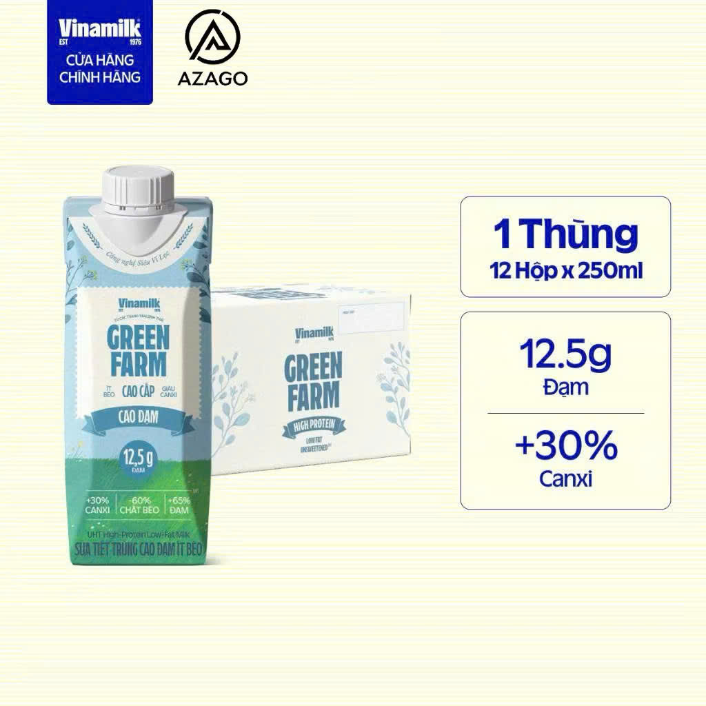 Sữa tươi Vinamilk Green Farm cao đạm, không lactose - Thùng 12 hộp x 250ml
