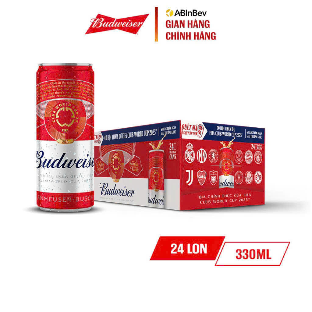 Bia BUDWEISER FIFA Worldcup lon 330ml bao bì trúng thưởng - Thùng 24 lon x 330ml